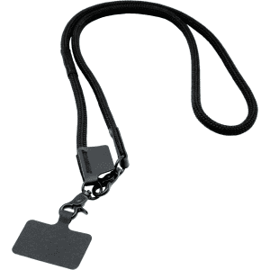 A black phone strap featuring a textured design and a clip for attaching to phones or other items.