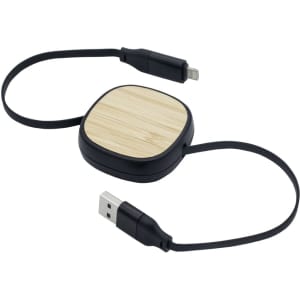 A fast charging cable with a black cord and a wooden top, featuring USB and connector ends.