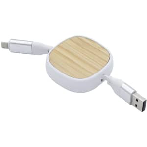 A fast charging cable with a bamboo top and white base, featuring two connectors and a logo.