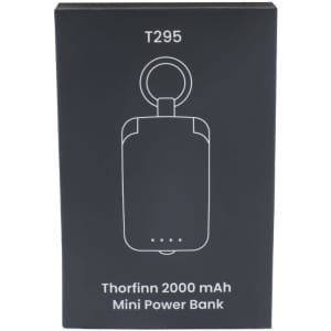 A black box containing the Thorfinn 2,000mAh Mini Power Bank with a keyring attachment. The box features a brand logo.