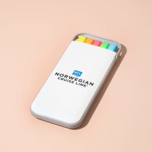 A highlighter set in a white case featuring yellow, orange, pink, and green highlighters, with a logo on the case.