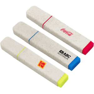 Three eco-friendly highlighters in various colours: pink, blue, yellow, and grey with branding logos.