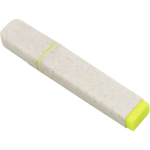 An eco-friendly highlighter in beige with a bright yellow tip, featuring a minimalist design and a branding logo.