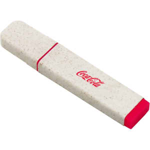 An eco-friendly highlighter in white with a pink end, featuring a logo.
