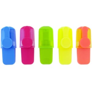 A collection of highlighters in blue, pink, green, yellow, and orange, displayed in a row with a brand logo.