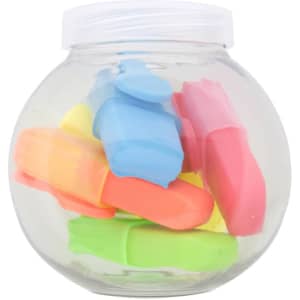 A clear jar contains assorted highlighters in blue, pink, yellow, orange, and green colours, topped with a white lid.