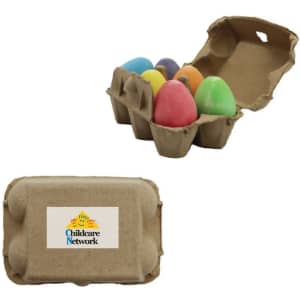 A carton containing brightly coloured chalk eggs in pastel shades, with a logo on the bottom side.