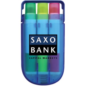 A set of three gel highlighters in green, pink, and yellow, enclosed in a blue plastic holder with a logo.