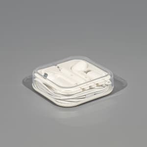 A set of white USB Type C earphones, neatly packaged in a transparent case.