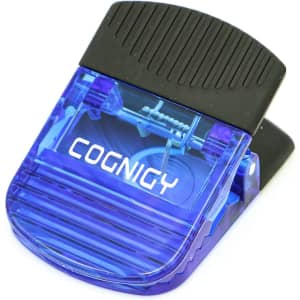 A wide, purple magnetic clip with a black grip on top, featuring a logo. Ideal for securing papers or notes.