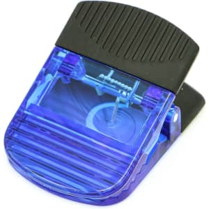 A wide magnetic croc clip in blue and black, featuring a textured grip and a transparent section.