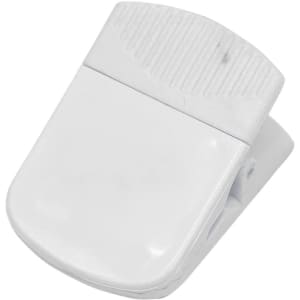 A white magnetic clip designed for holding papers or items securely, featuring a textured grip area.
