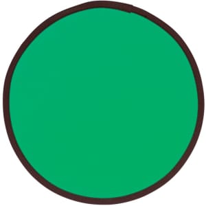 A green flying disc with a brown edge, folded flat for easy storage. Features a logo on the surface.
