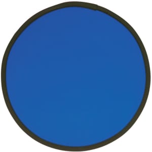A blue fold-up flying disc with a black rim and a circular shape, featuring a logo.