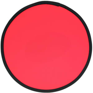A red fold-up flying disc with a black border, compact and round in shape. It has a branded logo.
