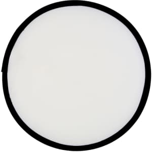 A foldable flying disc with a white centre and a black border, featuring a logo.