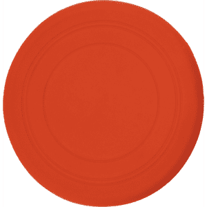 An orange silicon frisbee with a smooth surface, displaying a simple design and a small logo.