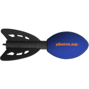 A blue football-shaped stress toy with black fins and a logo.