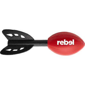 A red football-shaped stress toy with a black tail and a logo.