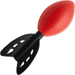 A red football-shaped rocket with black fins, designed for fun and stress relief.