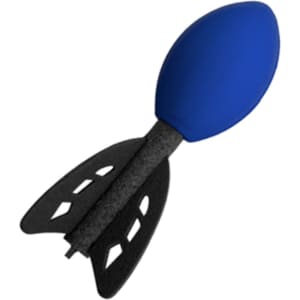 A blue football-shaped stress toy with black rocket fins, featuring a logo.