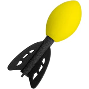 A yellow football-shaped stress toy with a black rocket-style tail. It features a logo on its surface.