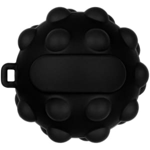 A round, black stress ball with a textured surface featuring soft, raised bumps, and a smooth central area.