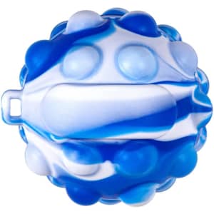 A blue and white stress ball featuring a spherical design with raised dots and a handle, complete with a logo.