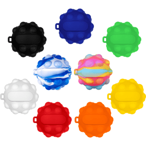 A collection of "Popper Balls" in various colours: black, blue, green, white, pink, orange, red, and yellow, featuring a logo.