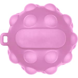 A pink stress ball shaped like a popper, featuring raised dots and a flat central area. It has a loop for attachment.