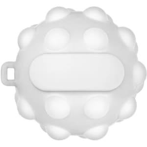 A white stress ball shaped like a rounded popper with raised dots and a flat area for branding.