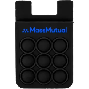 A black silicone phone wallet with nine circular poppers and a logo.