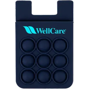 A navy silicone phone wallet with a textured popper design and a logo. Suitable for attaching to mobile devices.