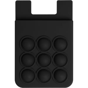 A black silicone phone wallet featuring nine popper stress relievers, with a slot for cards.
