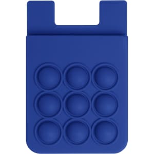 A blue silicone phone wallet featuring popper stress relievers and a minimalistic design. It includes a logo.