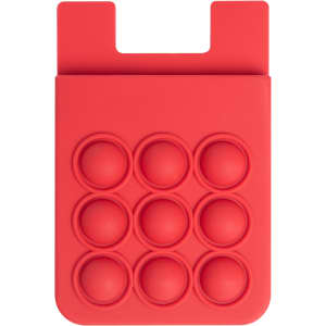 A red silicone phone wallet featuring popper stress relievers with a logo on it.