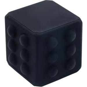 A black, silicone popper cube featuring multiple raised dots for tactile play. It has a smooth, cube shape and a logo.