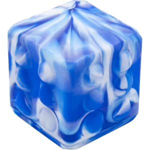 A blue and white marble-patterned hexagonal cube toy, featuring a smooth surface and rounded edges.