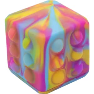 A multicoloured popper cube featuring vibrant swirls of pink, blue, yellow, and orange, with raised buttons on its surface.