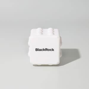 A white cube-shaped toy with raised sections and a logo on one side, designed for fun and games.