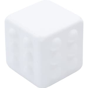 A white cube with a smooth surface and rounded dots on each side, featuring a logo.
