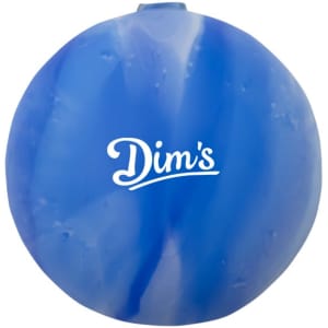 A blue and white swirl reusable water balloon featuring a logo.