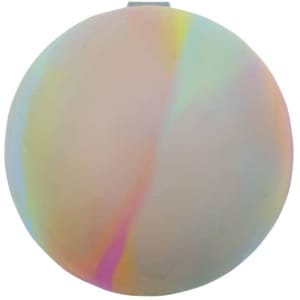 A translucent, multicoloured reusable water balloon with a smooth surface, featuring a logo on one side.
