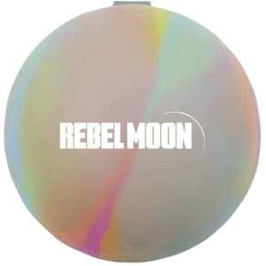 A round, multicoloured reusable water balloon, featuring a logo. The surface has an iridescent finish.