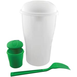 A white salad shaker with a green compartment and fork. It features a lid and has a logo.