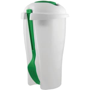 A white salad shaker with a green lid and a green fork attached to the side. It features a logo.