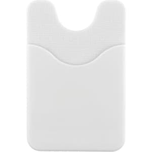 A white Smart Wallet designed to hold cards and attach to a phone, featuring a textured back and a cut-out section.
