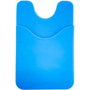 A blue Smart Wallet with a textured back and a pocket for cards or cash. Features a logo on the front.