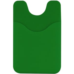 A green phone wallet featuring two pockets for cards. It includes a logo.