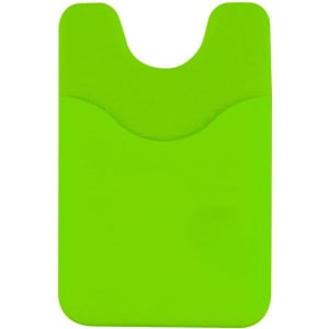 A bright green phone wallet with a slot for cards and a simple, sleek design. It features a logo on the surface.